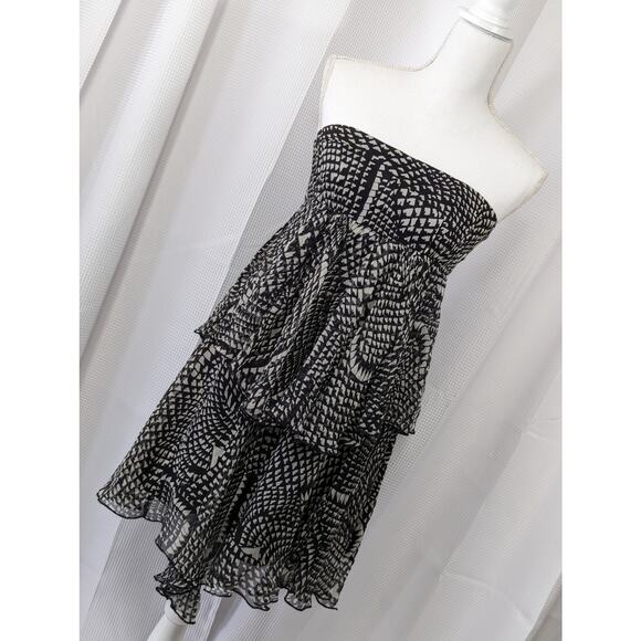 BCBGMAXAZRIA! PURE SILK BLACK, CREAM RUFFLED, TIERED MINI DRESS, CRINKLED! SZ S - Picture 10 of 10
